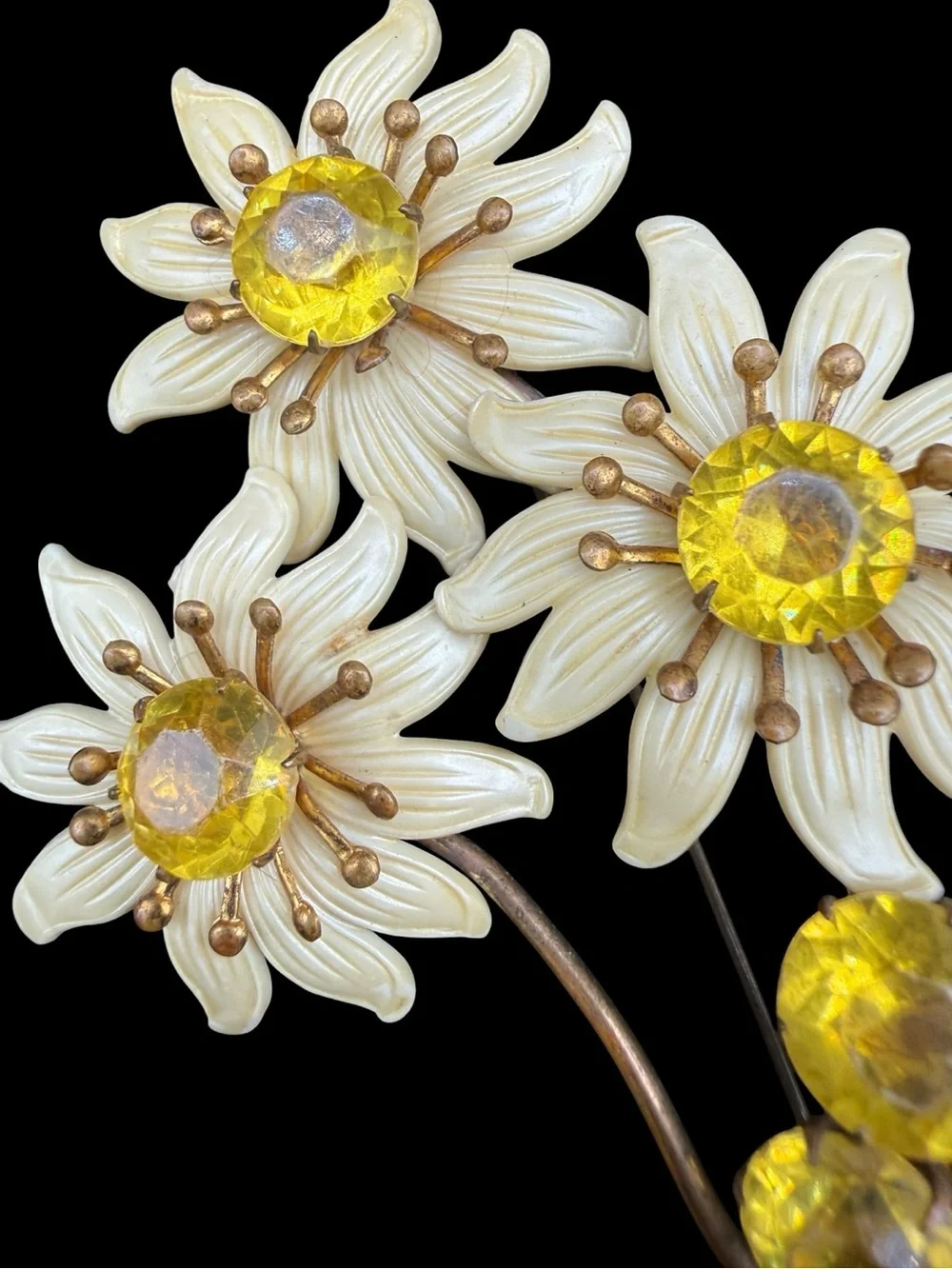 Vintage Yellow Crystal & Cream Enamel Floral Brooch